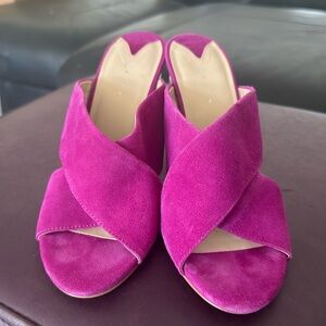 Leith Cammie magenta, suede, Block clear Heel Sandal Size 8
